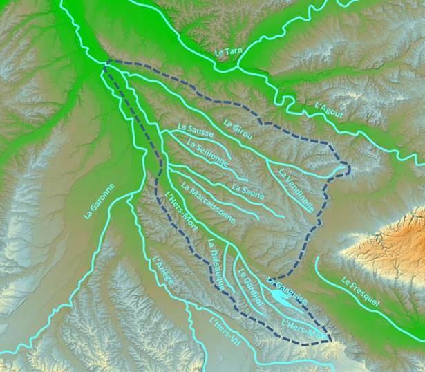 Carte avec relief du bassin versant de l’Hers-Mort et du Girou