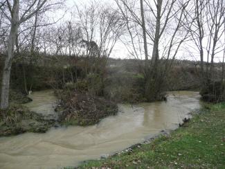 Photo de la Marcaissonne en crue, après les travaux en 2013 à l'amont de la RD16